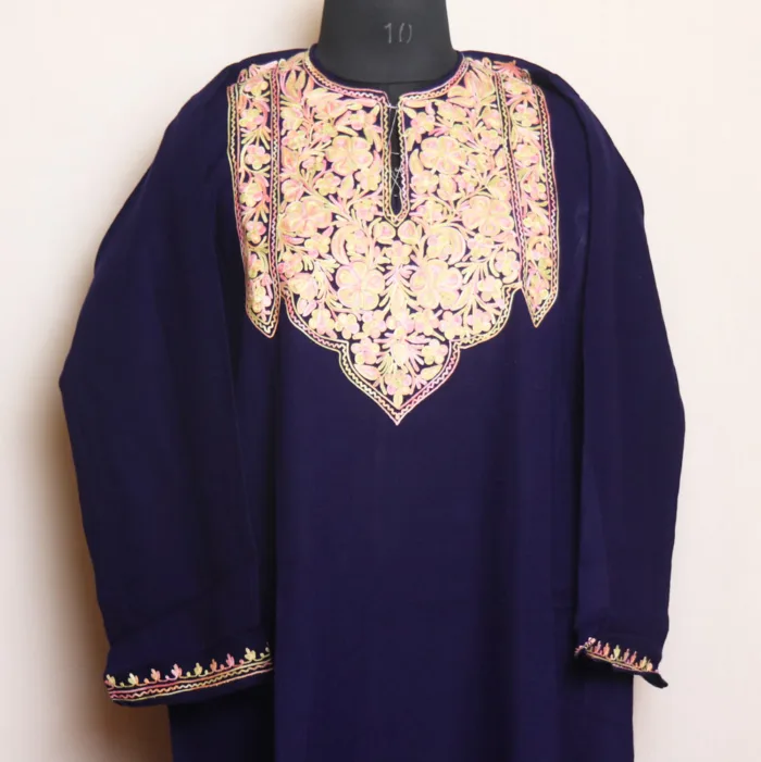 Dark Blue Cashmilon Pheran with Refined Aari Work - Zikr Collection