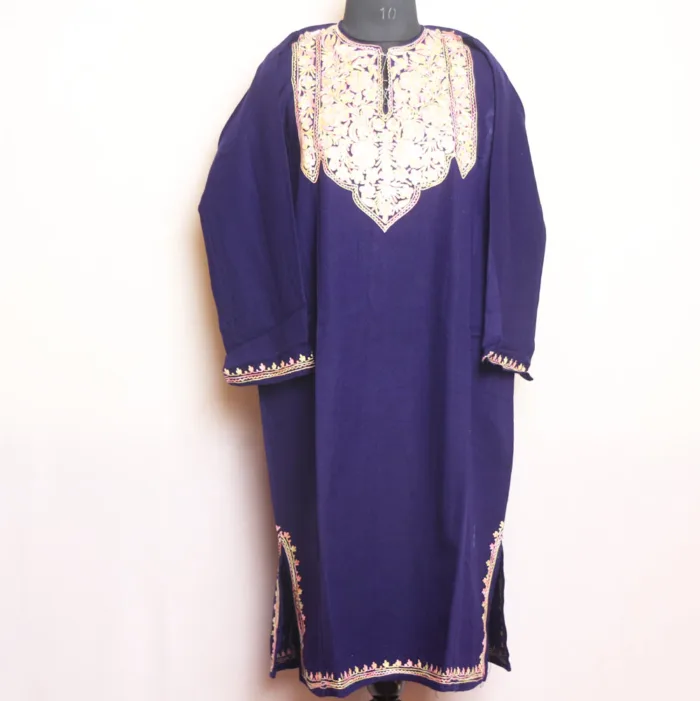 Dark Blue Cashmilon Pheran with Refined Aari Work - Zikr Collection - Image 2