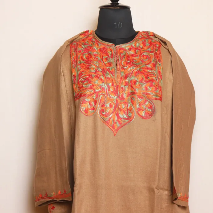 Beige Cashmilon Pheran with Fine Aari Work - Zikr Collection