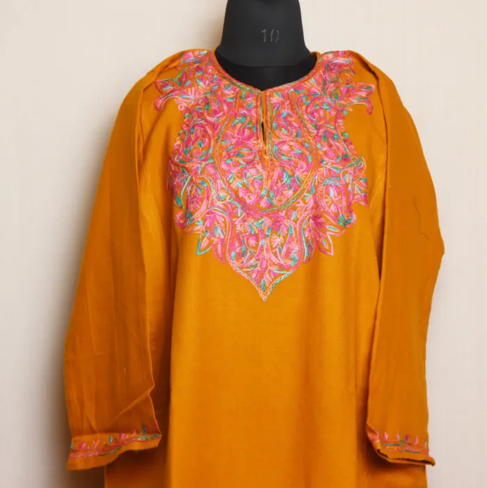 Yellow Cashmilon Pheran with Neat Aari Work - Zikr Collection