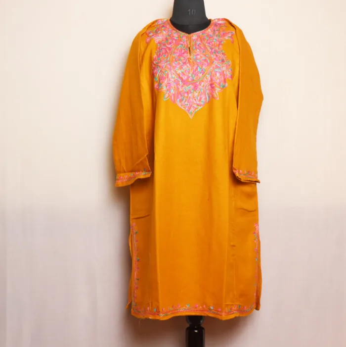 Yellow Cashmilon Pheran with Neat Aari Work - Zikr Collection - Image 2