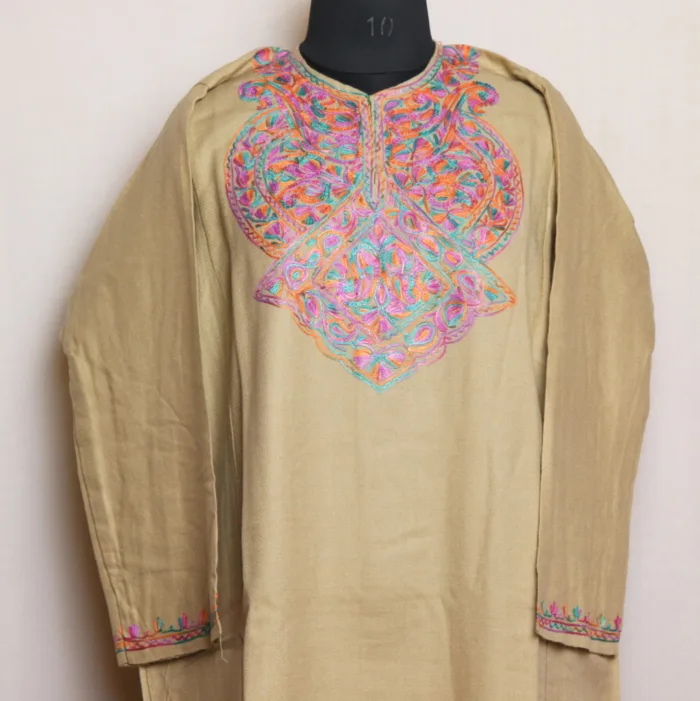 Classic Beige Cashmilon Pheran with Fine Aari Embroidery - Zikr Collection