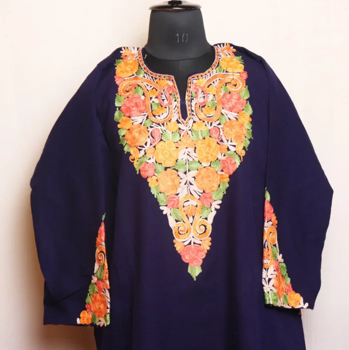 Navy Blue Cashmilon Pheran Featuring Heavy Sleeve Embroidery - Bulbul Collection