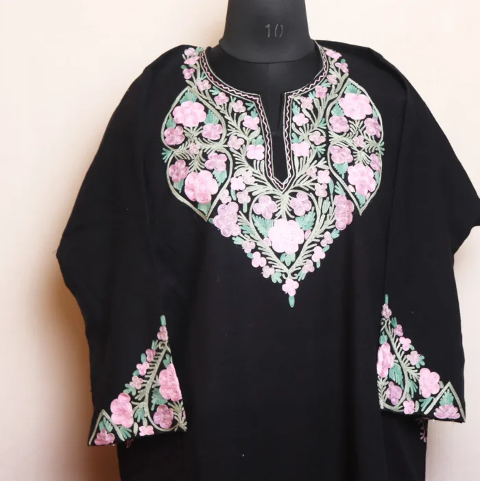 Black Cashmilon Pheran with Intricate Aari Sleeve Design - Bulbul Collection