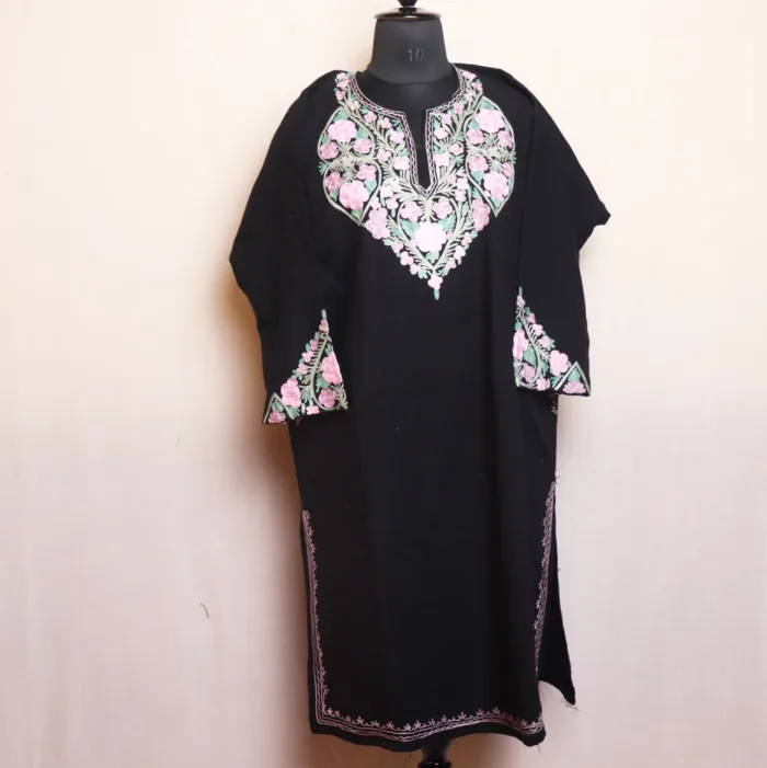 Black Cashmilon Pheran with Intricate Aari Sleeve Design - Bulbul Collection - Image 2