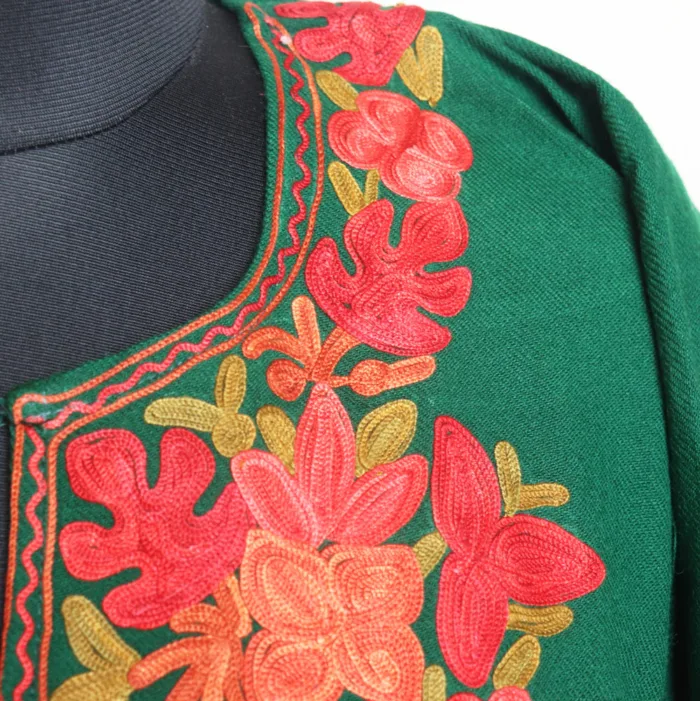 Green Cashmilon Pheran with Heavy Sleeve Aari Embroidery - Bulbul Collection - Image 3