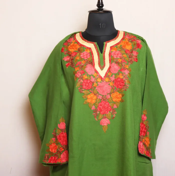 Graceful Aari Embroidered Green Pheran with Heavy Sleeves - Bulbul Collection