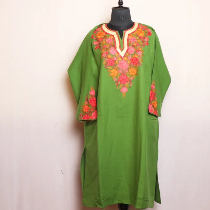 Graceful Aari Embroidered Green Pheran with Heavy Sleeves - Bulbul Collection - Image 2