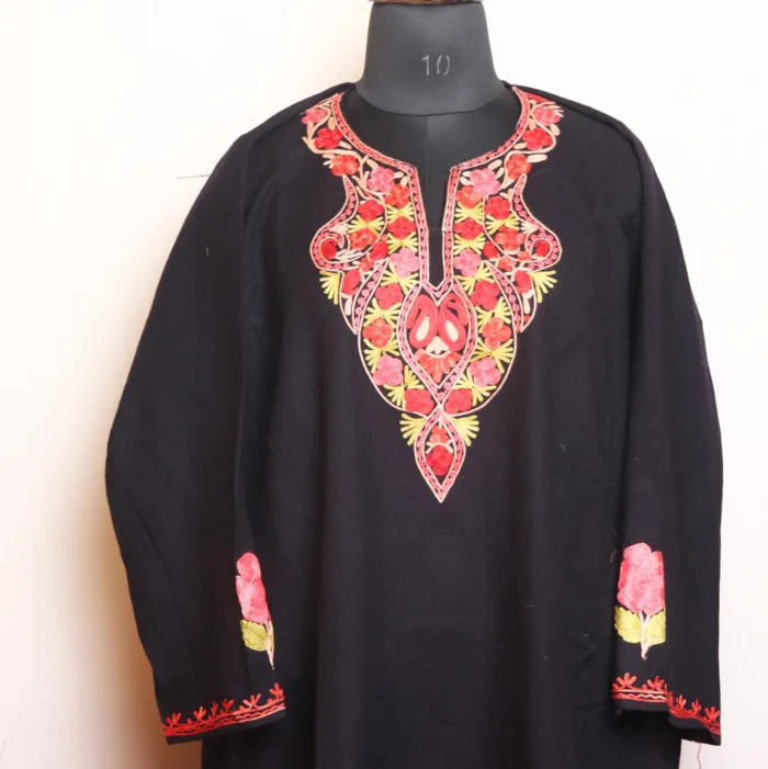 Black Heavy Sleeve Cashmilon Pheran in Aari Design - Bulbul Collection