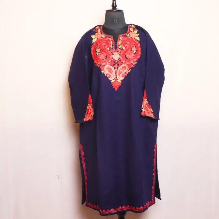 Navy blue Aari Work Pheran with Detailed Sleeve Embroidery - Bulbul Collection - Image 2