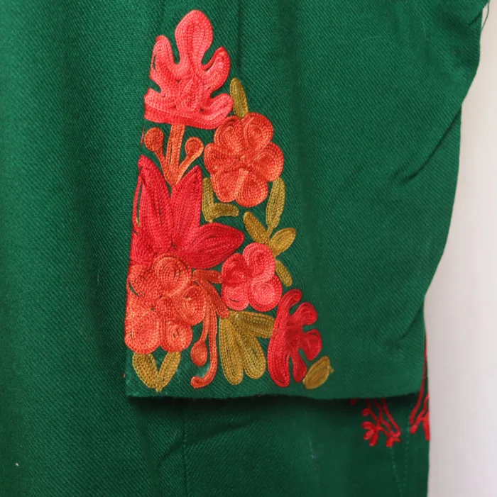 Green Cashmilon Pheran with Heavy Sleeve Aari Embroidery - Bulbul Collection - Image 4