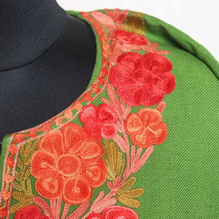 Green Cashmilon Aari Embroidery Pheran with Sleeve Work - Bulbul Collection - Image 3