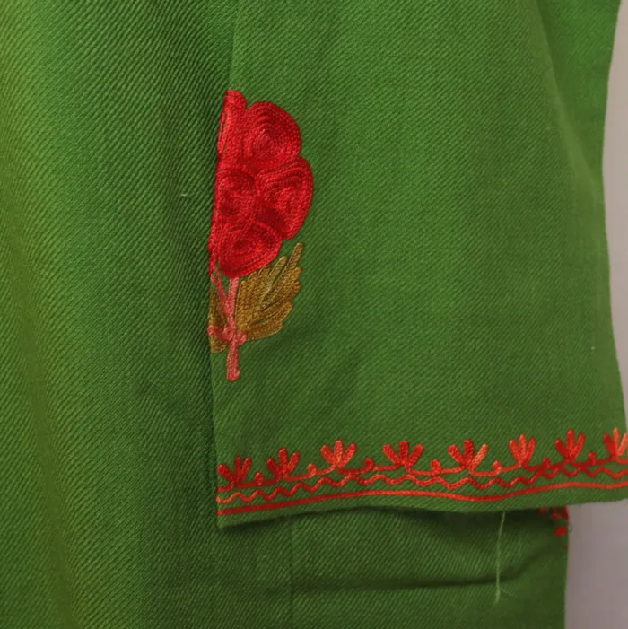 Green Cashmilon Aari Embroidery Pheran with Sleeve Work - Bulbul Collection - Image 4