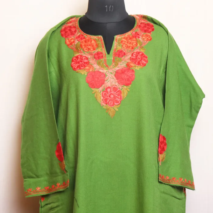 Green Cashmilon Aari Embroidery Pheran with Sleeve Work - Bulbul Collection