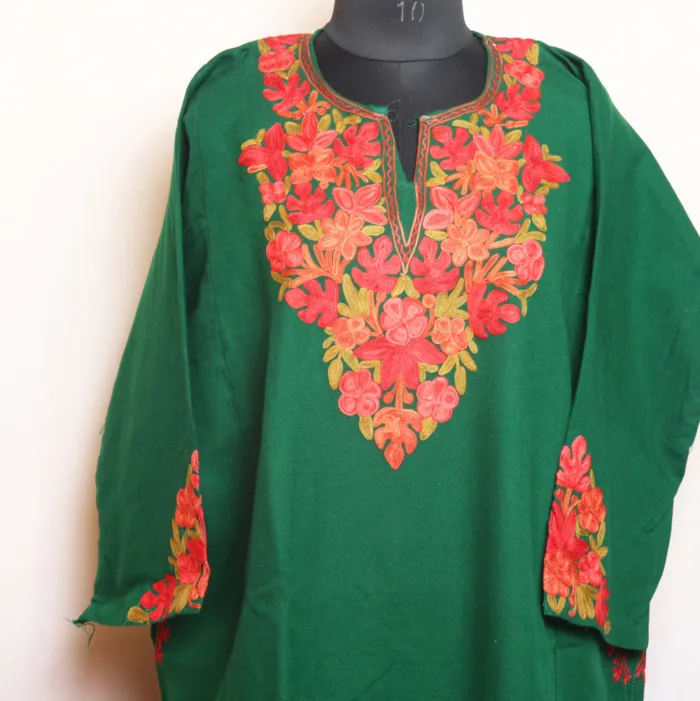 Green Cashmilon Pheran with Heavy Sleeve Aari Embroidery - Bulbul Collection