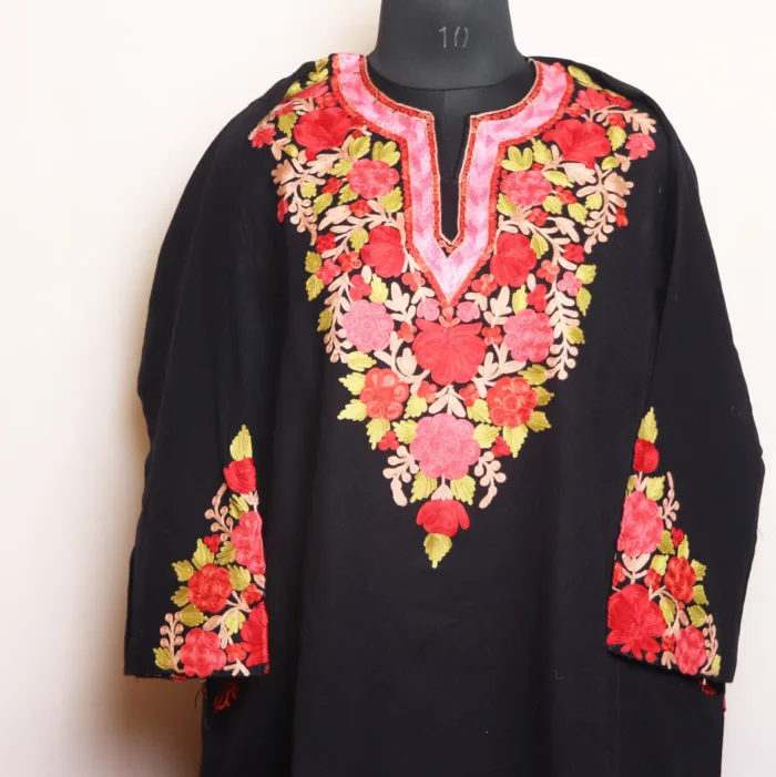 Stunning Aari Sleeve Embroidered Cashmilon Black Pheran - Bulbul Collection