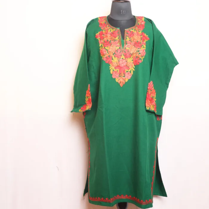 Green Cashmilon Pheran with Heavy Sleeve Aari Embroidery - Bulbul Collection - Image 2