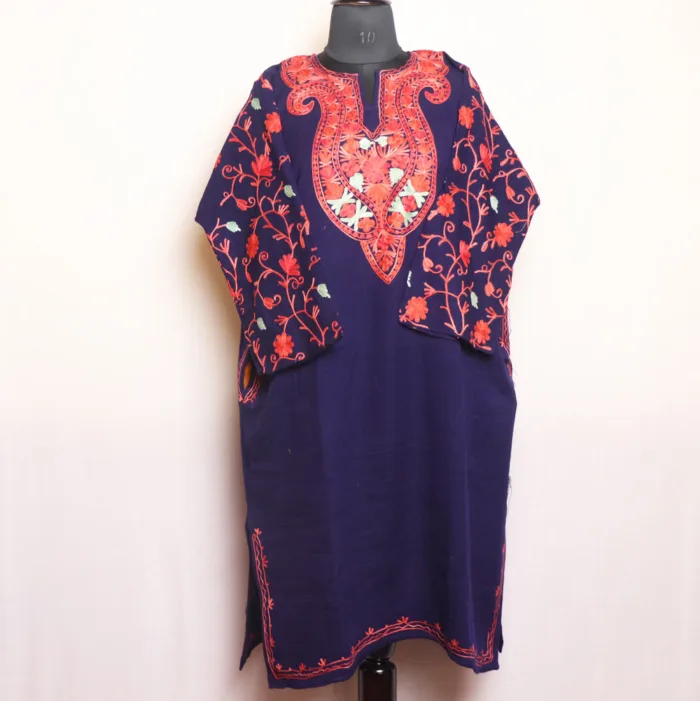 Navy Blue Cashmilon Pheran with Jaal Sleeve Aari Embroidery - Manaal Collection - Image 2