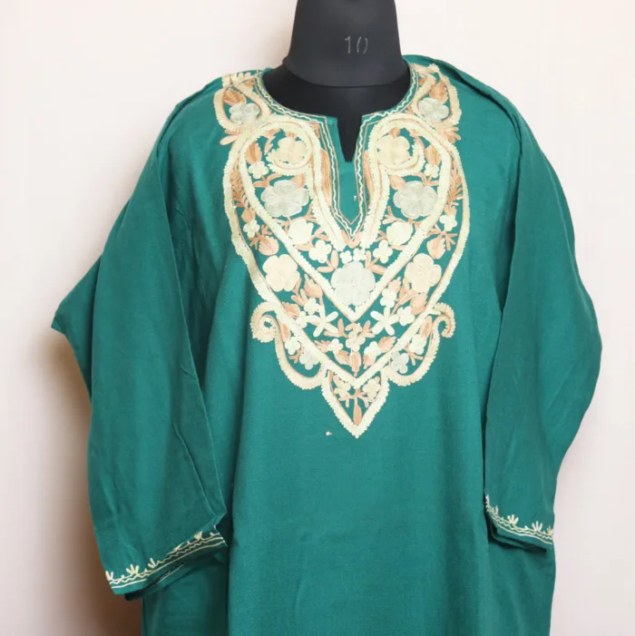 Elegant Aqua Cashmilon Pheran with Artistic Aari Work - Manaal Collection