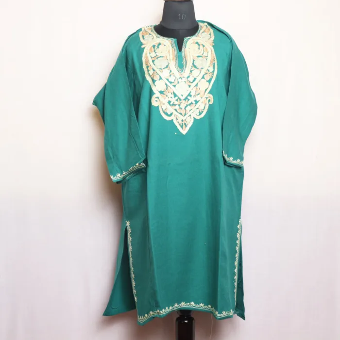 Elegant Aqua Cashmilon Pheran with Artistic Aari Work - Manaal Collection - Image 2