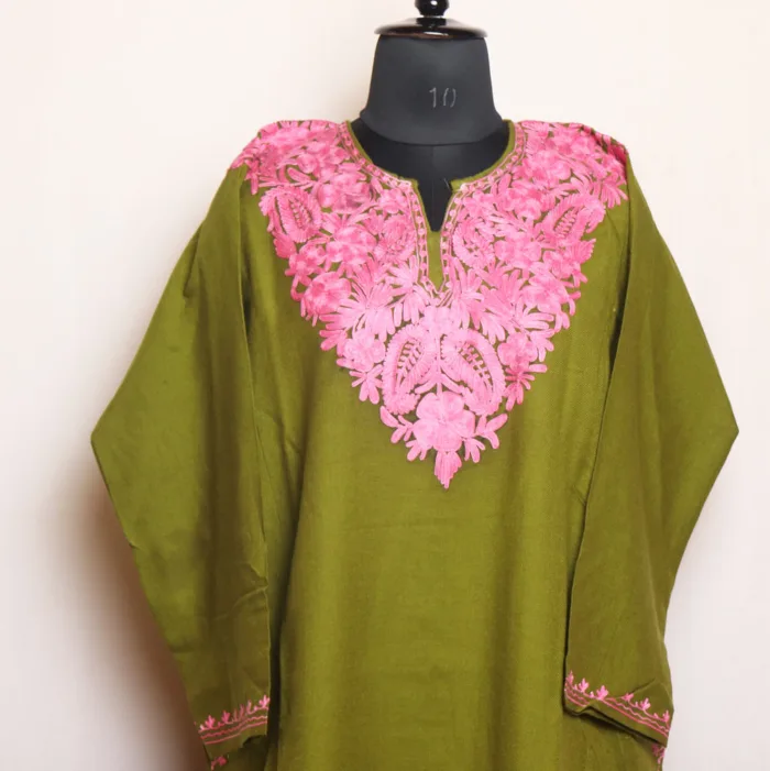 Olive Green Cashmilon Pheran with Graceful Aari Detailing - Manaal Collection