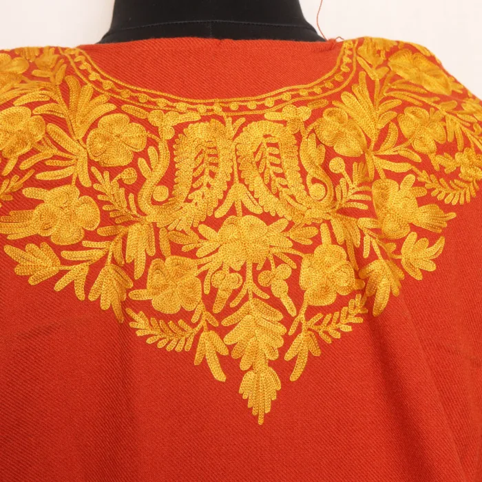 Soft Rustic Orange Cashmilon Pheran with Floral Aari Embroidery - Manaal Collection - Image 4