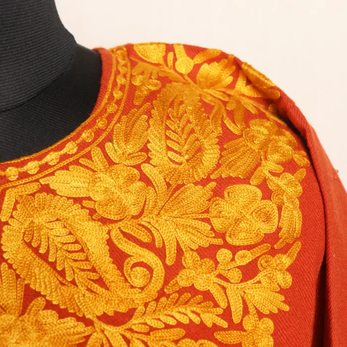 Soft Rustic Orange Cashmilon Pheran with Floral Aari Embroidery - Manaal Collection - Image 3