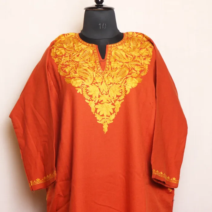 Soft Rustic Orange Cashmilon Pheran with Floral Aari Embroidery - Manaal Collection