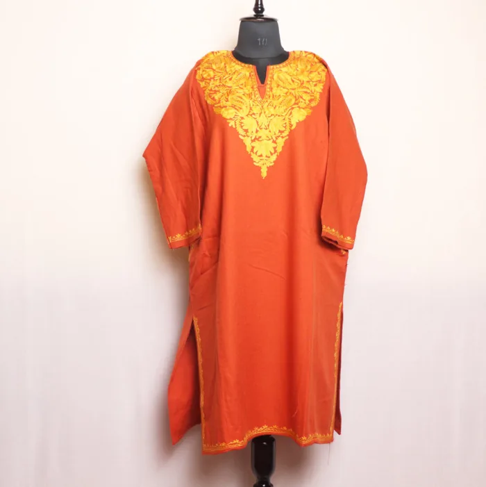 Soft Rustic Orange Cashmilon Pheran with Floral Aari Embroidery - Manaal Collection - Image 2