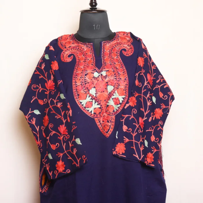 Navy Blue Cashmilon Pheran with Jaal Sleeve Aari Embroidery - Manaal Collection