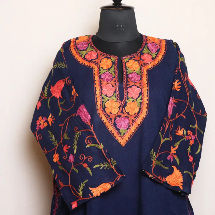 Navy Blue Cashmilon Pheran | Feran with Jaal Sleeve Aari Embroidery - Manaal Collection