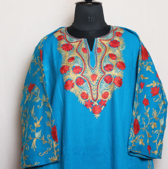 Elegant Blue Cashmilon Pheran with Beautiful Jaal Sleeve Aari Work - Manaal Collection