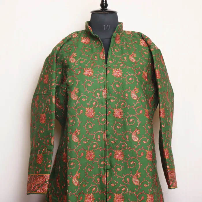 Green Cashmilon Jaal Needle Work long Coat - Manaal collection - Image 3