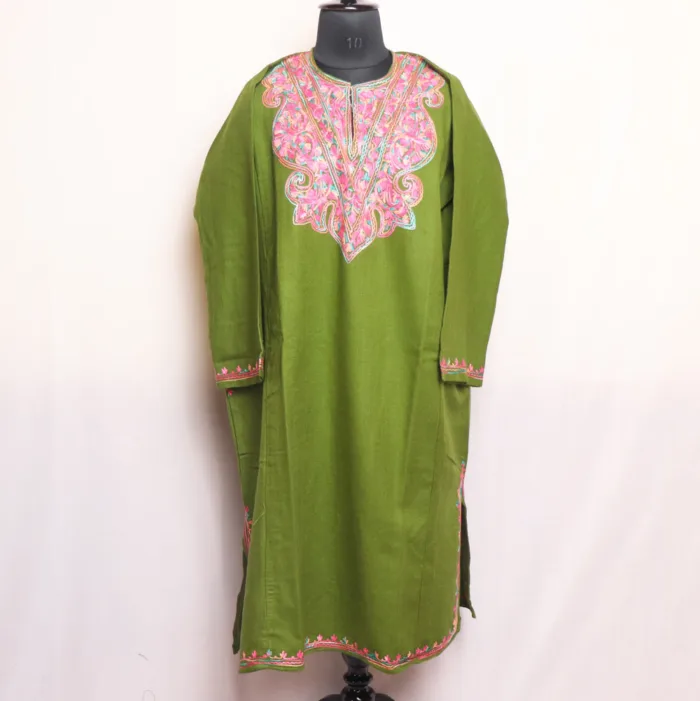 Cashmilon Green Pheran with Elegant Aari Embroidery - Aamaal Collection - Image 2