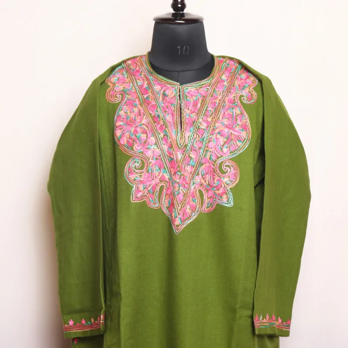 Cashmilon Green Pheran with Elegant Aari Embroidery - Aamaal Collection