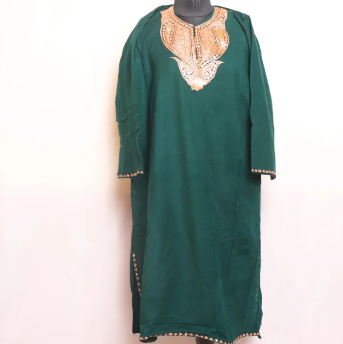 Dark Green Cashmilon Pheran Adorned with Tilla Embroidery - Karima Collection - Image 2