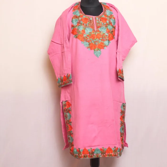 Pink Cashmilon Pheran with Heavy Border and Sleeve Embroidery - Agha Collection - Image 2