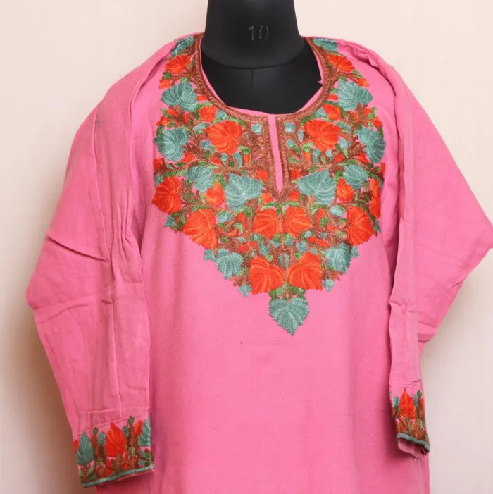 Pink Cashmilon Pheran with Heavy Border and Sleeve Embroidery - Agha Collection