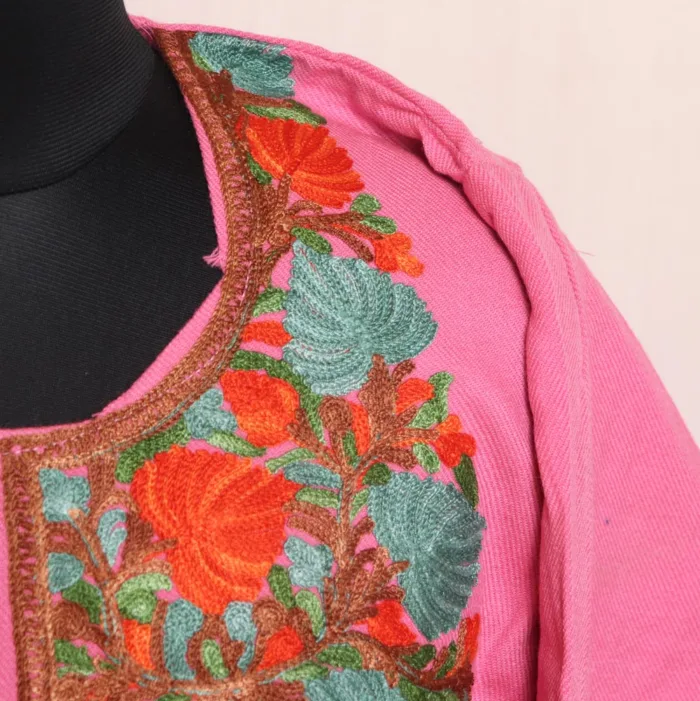 Pink Cashmilon Pheran with Heavy Border and Sleeve Embroidery - Agha Collection - Image 3