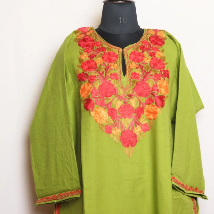 Elegant Olive Cashmilon Pheran with Aari Embroidery - Aalamzeba Collection