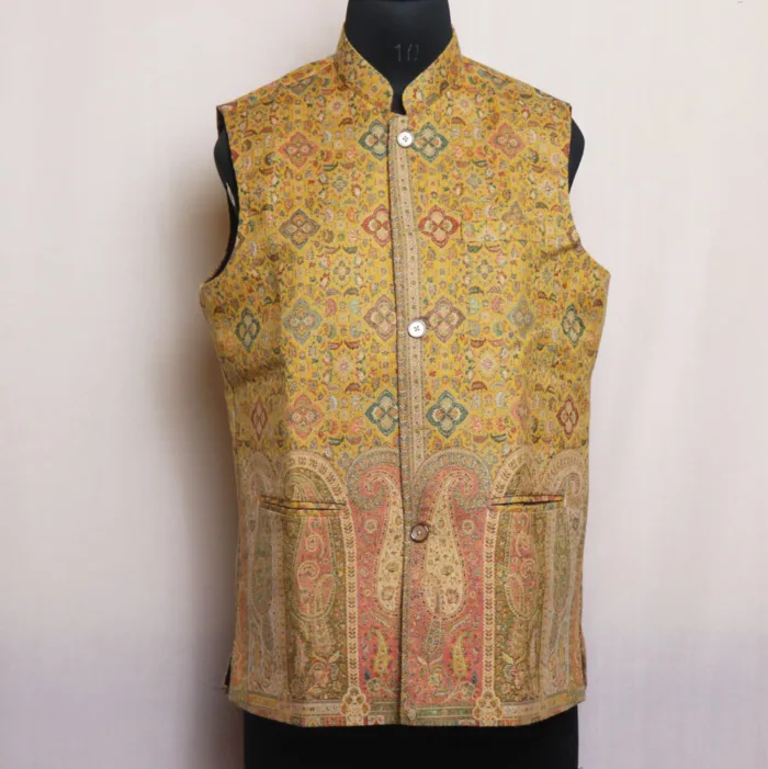 Kani Nehru Jacket | Polywool Men's Waist Coat Classic Mustard Yellow Paisely Bottom  - Azian Collection