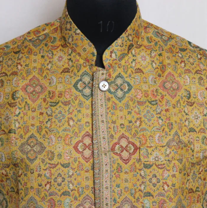 Kani Nehru Jacket | Polywool Men's Waist Coat Classic Mustard Yellow Paisely Bottom  - Azian Collection - Image 2