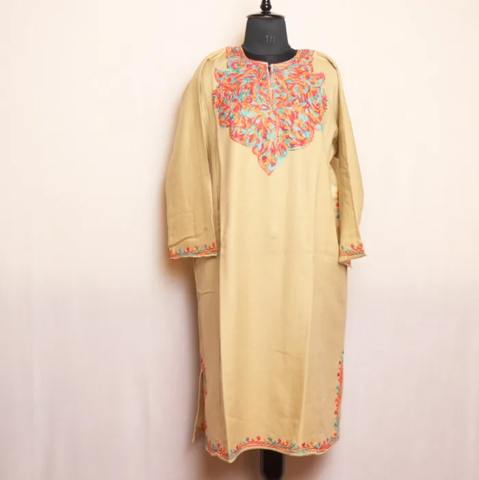 Beige Aari Embroidered Cashmilon Pheran for Women | Gul-e-Hawal Collection - Image 2