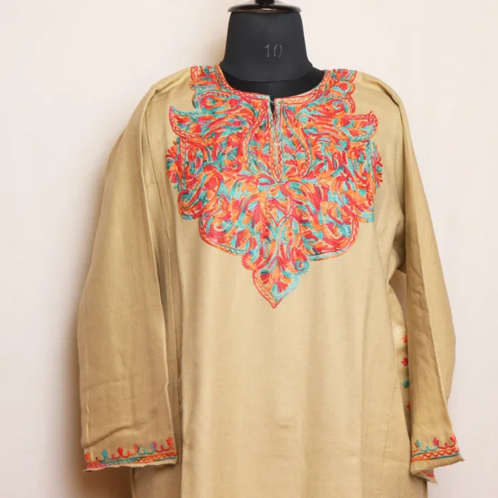 Beige Aari Embroidered Cashmilon Pheran for Women | Gul-e-Hawal Collection