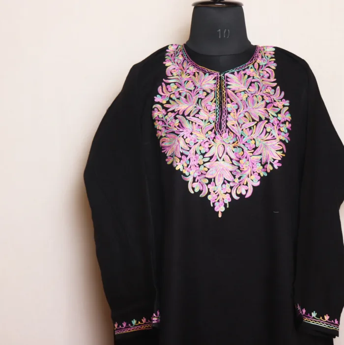 Elegant Black Cashmilon Pheran with Beautiful Aari Work | Gul-e-Hawal Collection