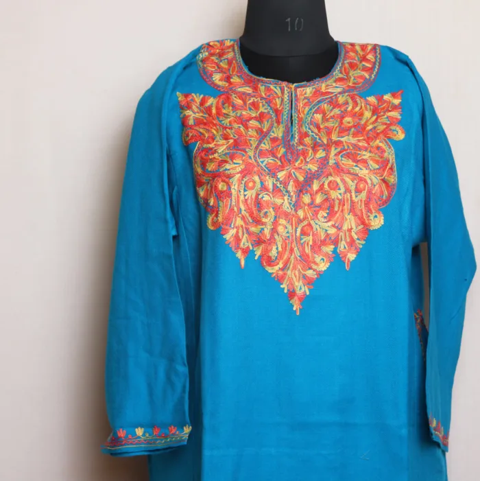 Blue Aari Embroidered Pheran in Cashmilon | Gul-e-Hawal Collection