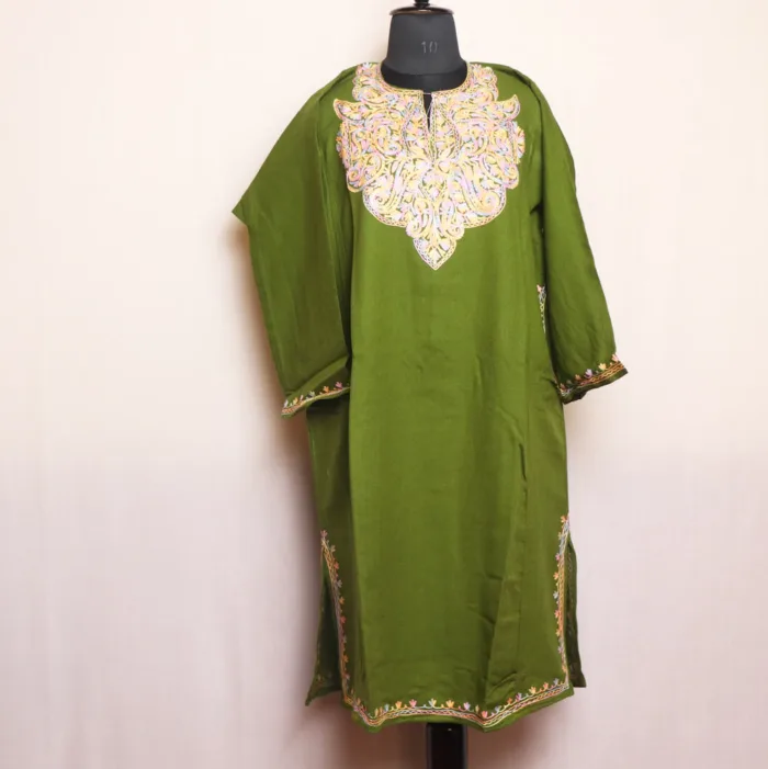 Green Aari Embroidered Pheran in Cashmilon | Gul-e-Hawal Collection - Image 2