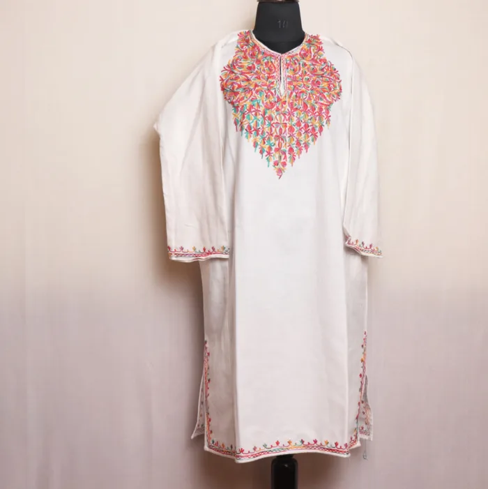 White Cashmilon Pheran with Intricate Aari Embroidery | Gul-e-Hawal Collection - Image 2