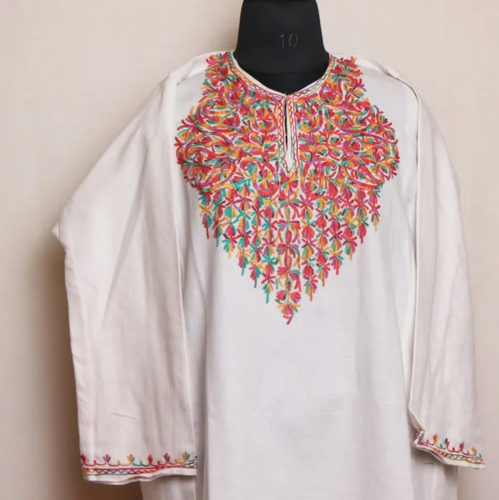 White Cashmilon Pheran with Intricate Aari Embroidery | Gul-e-Hawal Collection