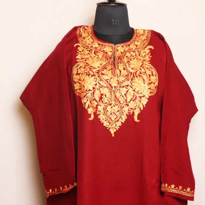 Warm Maroon Aari Embroidered Cashmilon Pheran | Gul-e-Hawal Collection